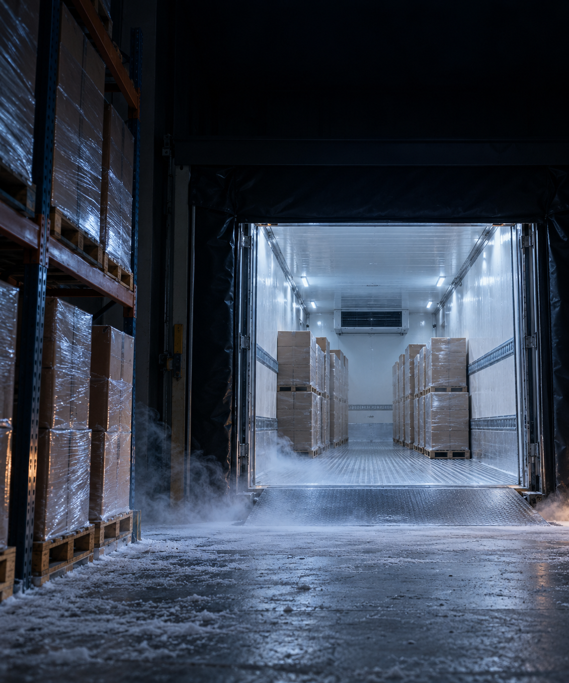 Photograph: a cold store interior with a vehicle at the bay. Dark and cool, room at the top, no text in the artwork.
