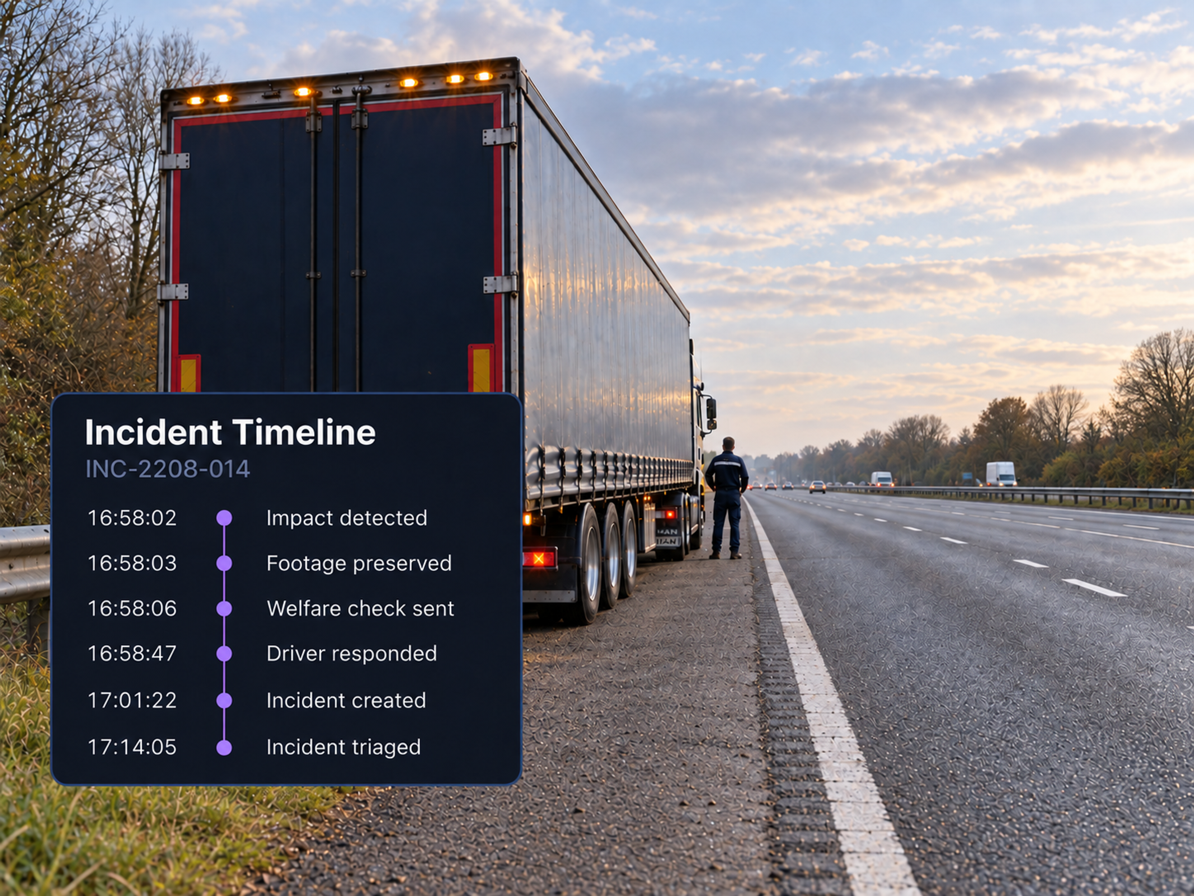 Incident timeline with nine timestamped events running from impact detected to incident triaged. 4:3, dark UI.