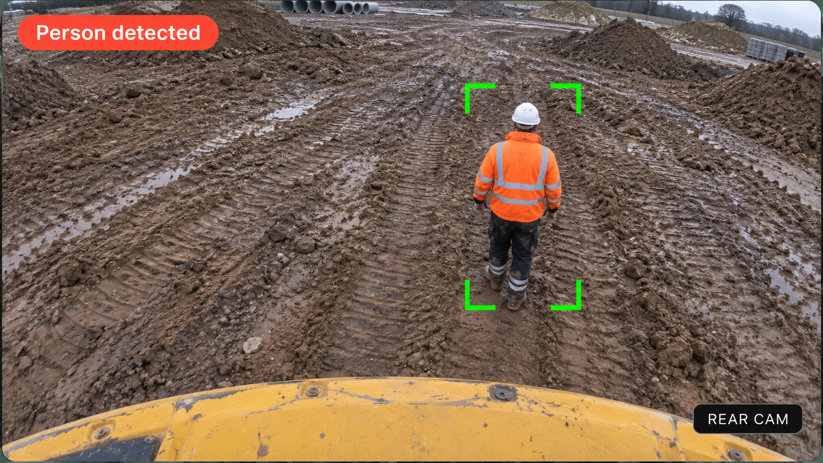 Machine safety view: pedestrian detected on a work-area camera.