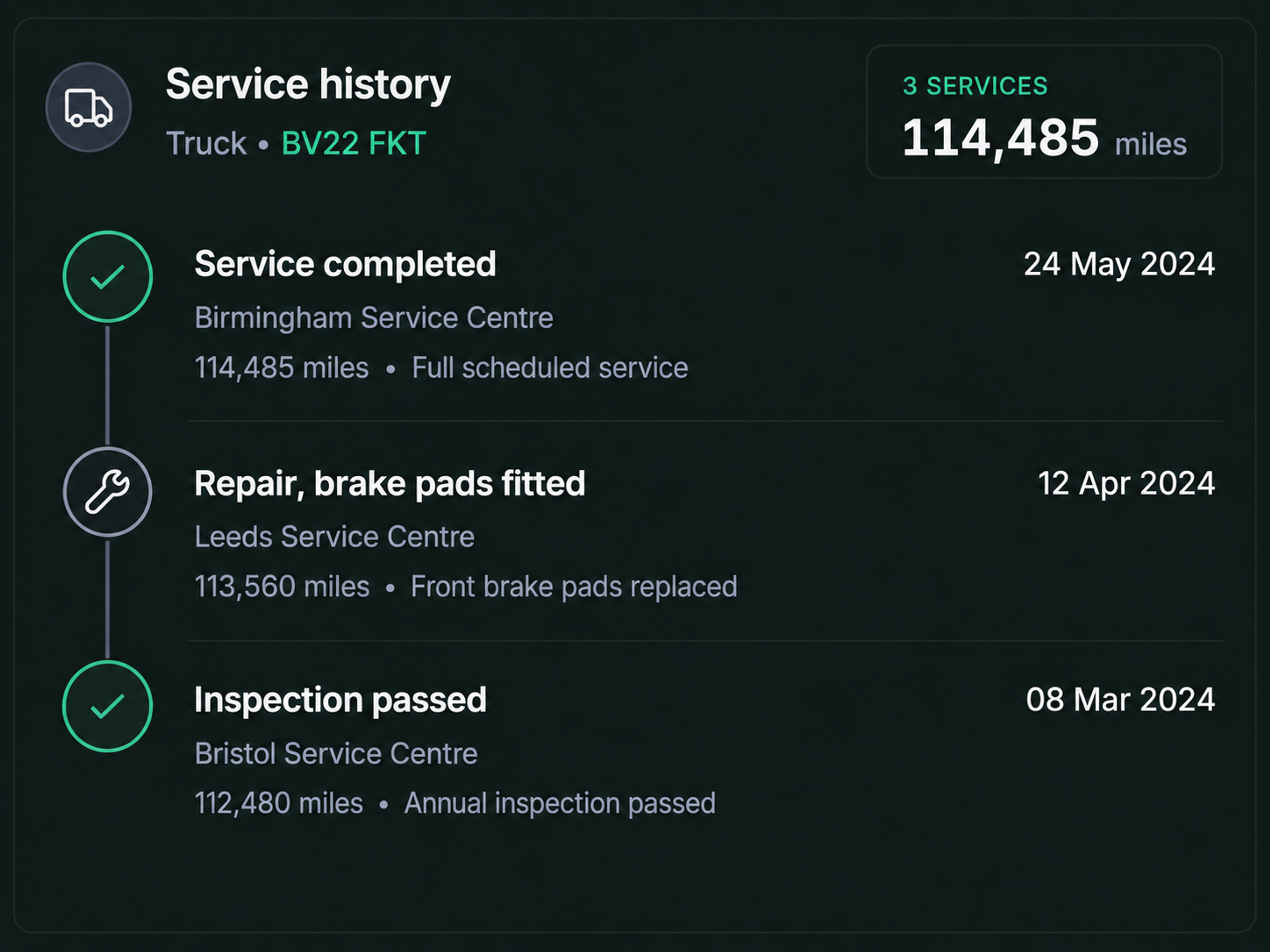 Drive360 service timeline for one vehicle