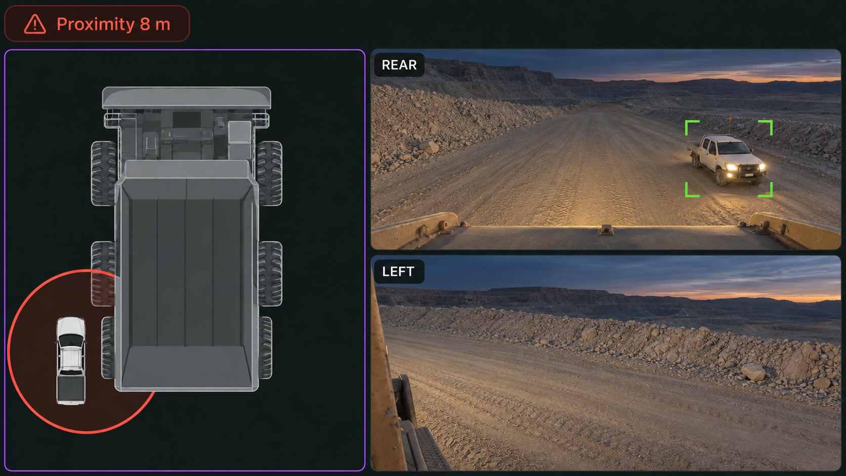 Machine safety: rear, left and 360 views with a proximity alert.