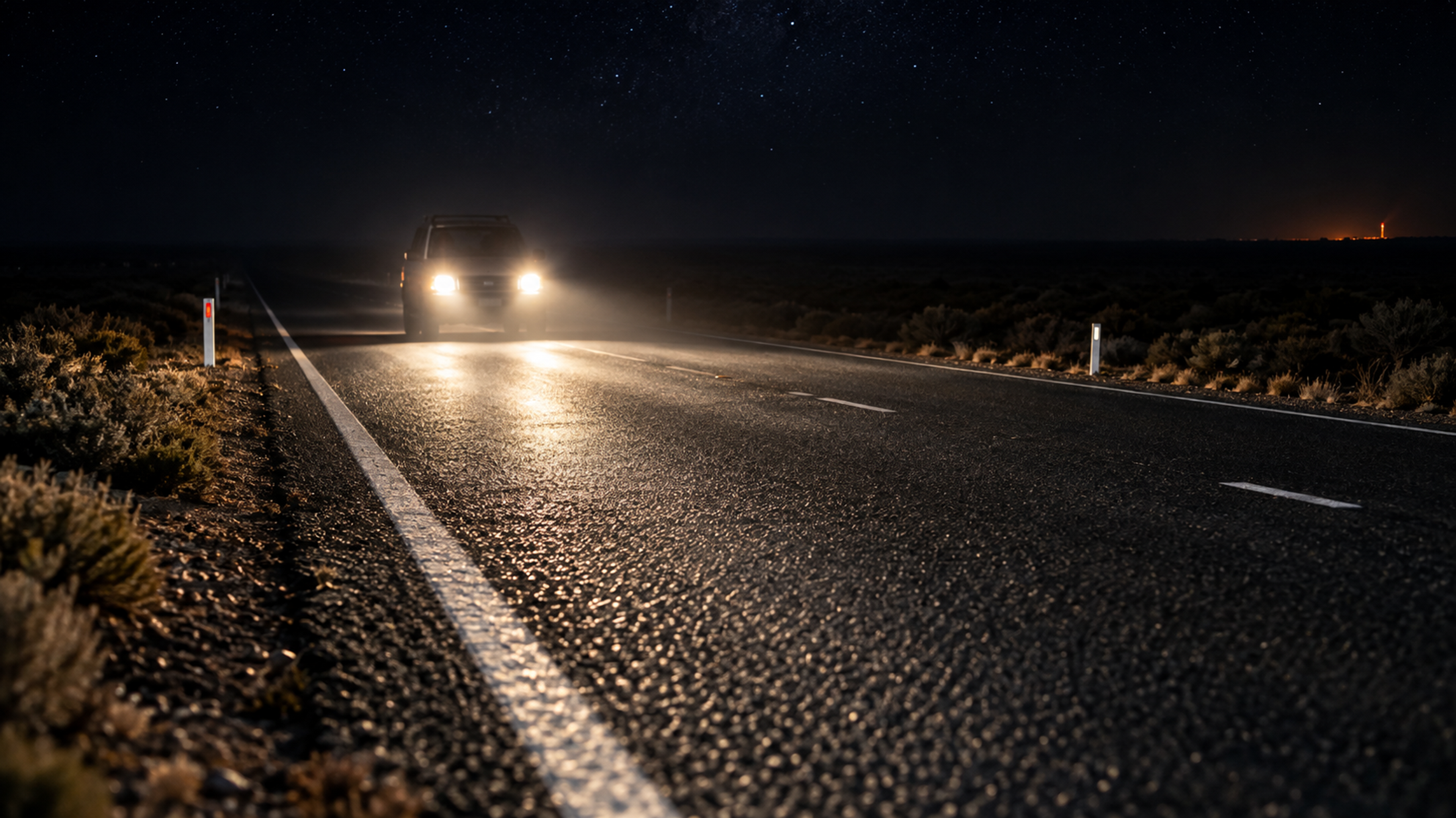 Editorial image: headlights on a remote highway at night. No text in the artwork.