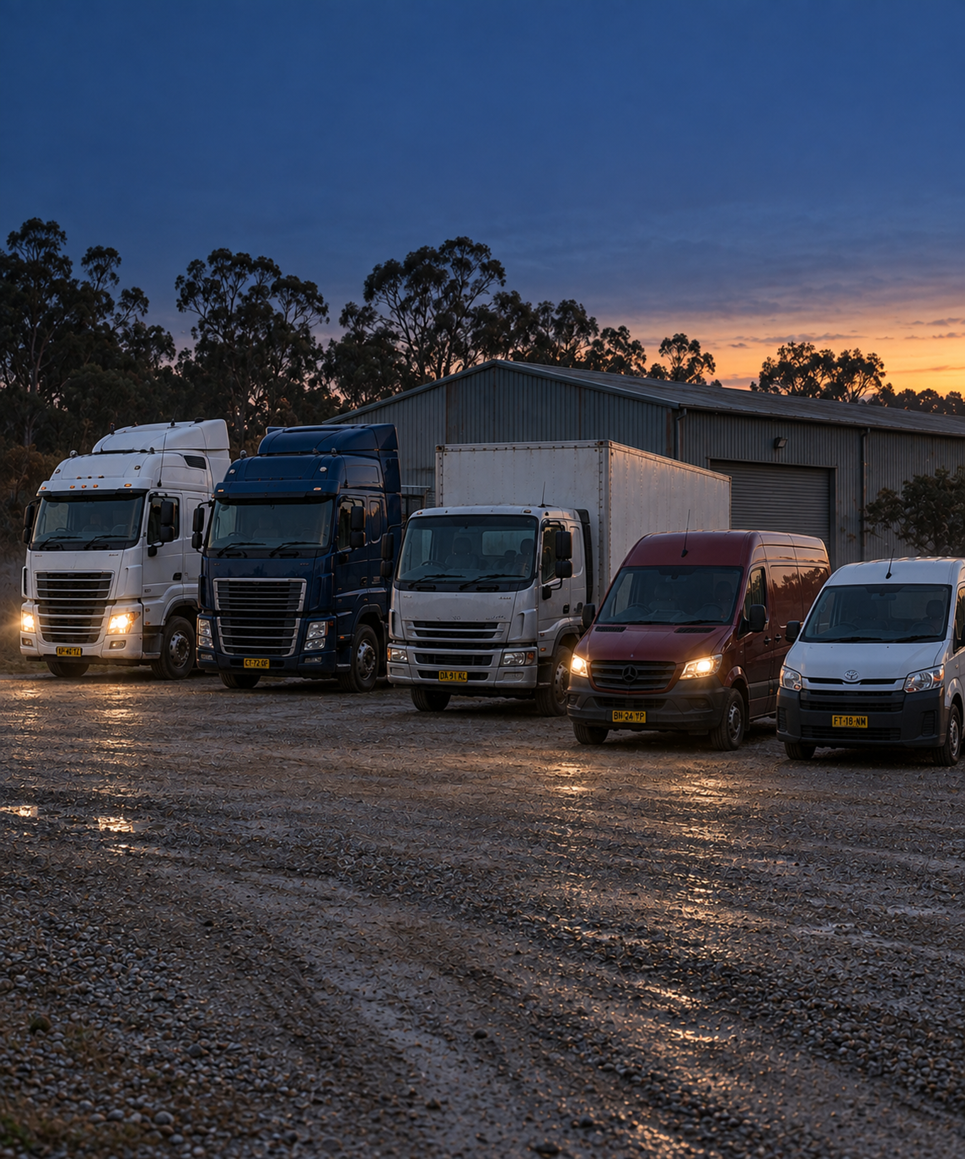 Photograph: a mixed fleet lined up at a depot at first light. Dark and cool, room at the top, no text in the artwork.