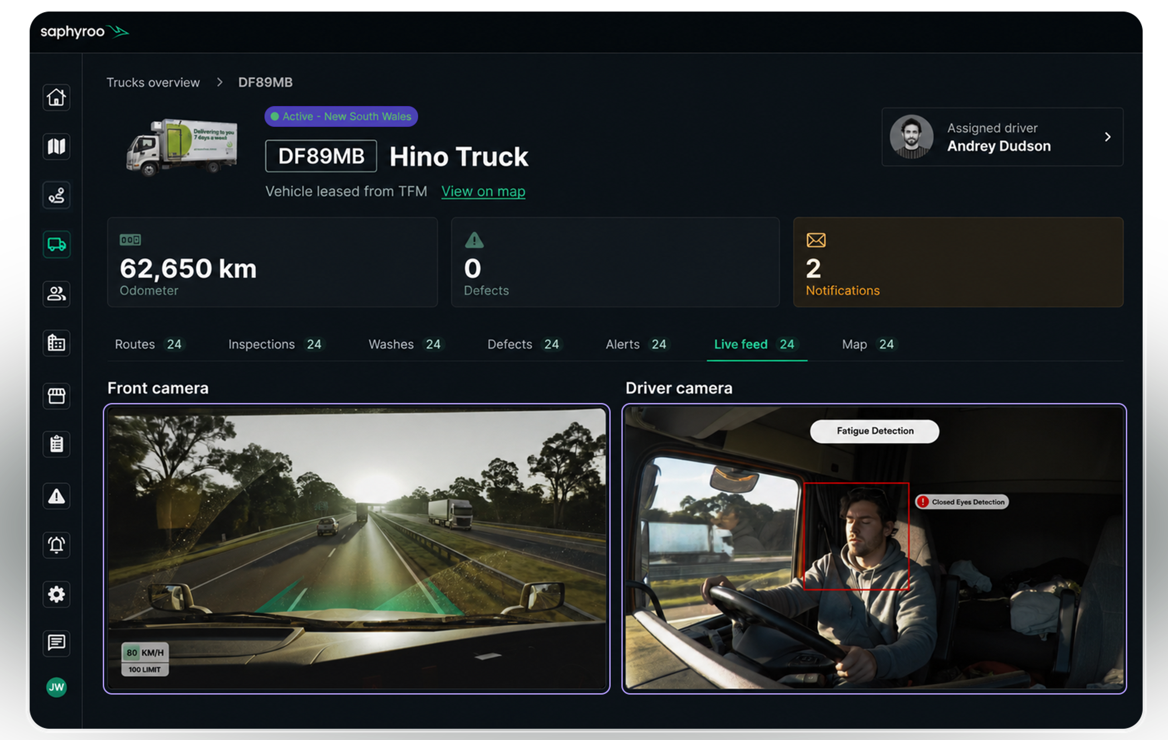 Vision360 vehicle view: the front camera and driver camera live side by side with fatigue detection flagging closed eyes, over the vehicle's odometer, defect and notification totals