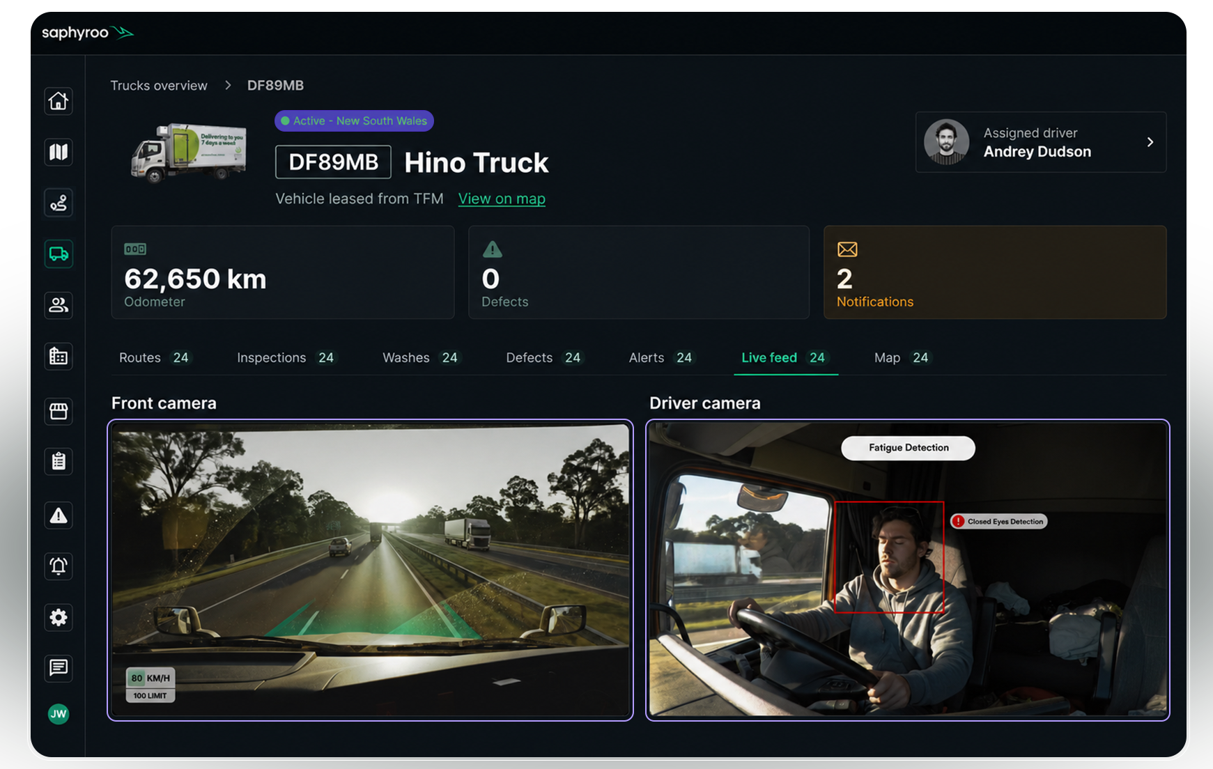 Vision360 vehicle view: the front camera and driver camera live side by side with fatigue detection flagging closed eyes, over the vehicle's odometer, defect and notification totals