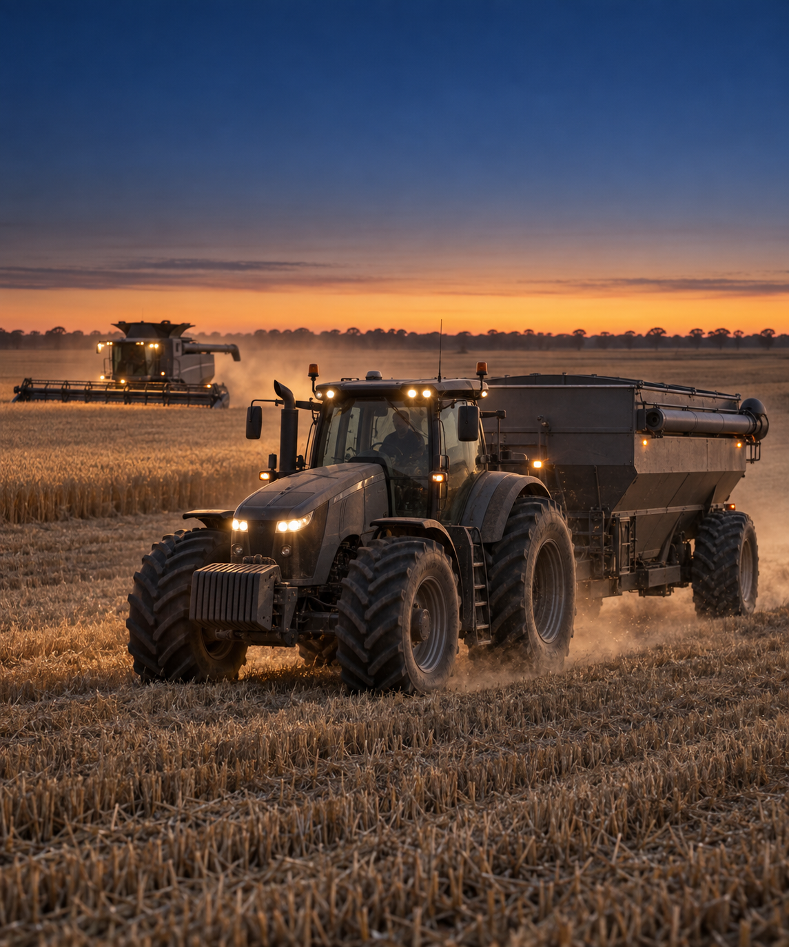 Photograph: a tractor and implement working a paddock at first light, shot wide. Warm low light, room at the top, no text in the artwork.