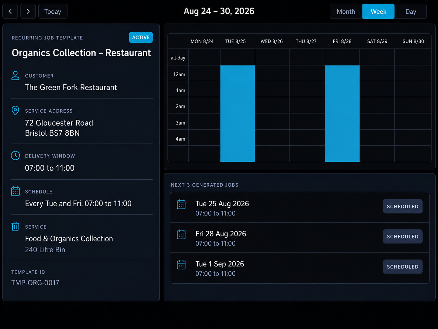 Recurring job template with its schedule and generated occurrences. 16:9, dark UI.
