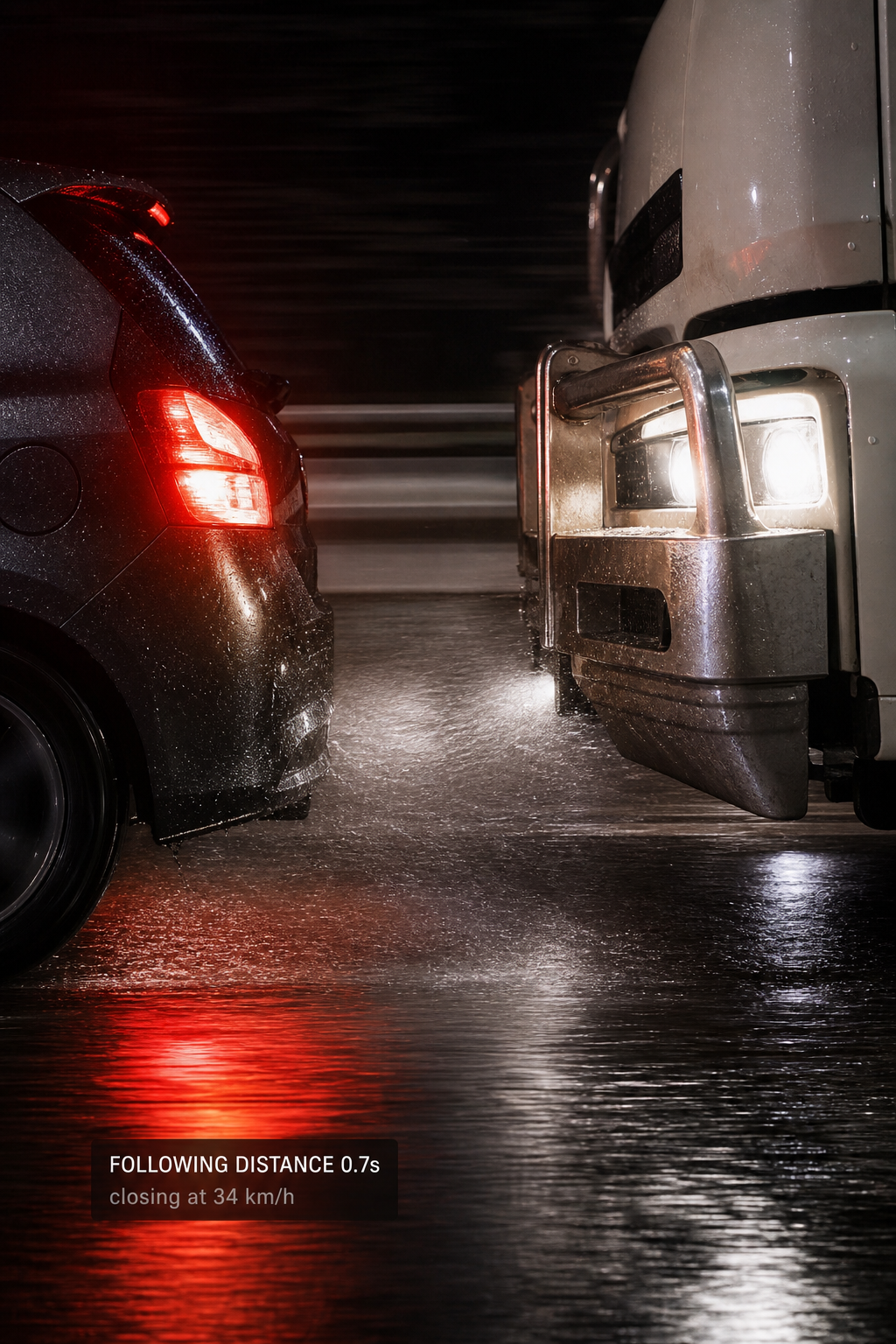Photograph: a motorway from a truck's road-facing viewpoint in flat daylight, traffic ahead. Portrait 3:4, dark and cool, room at the top for a heading, no text in the artwork.