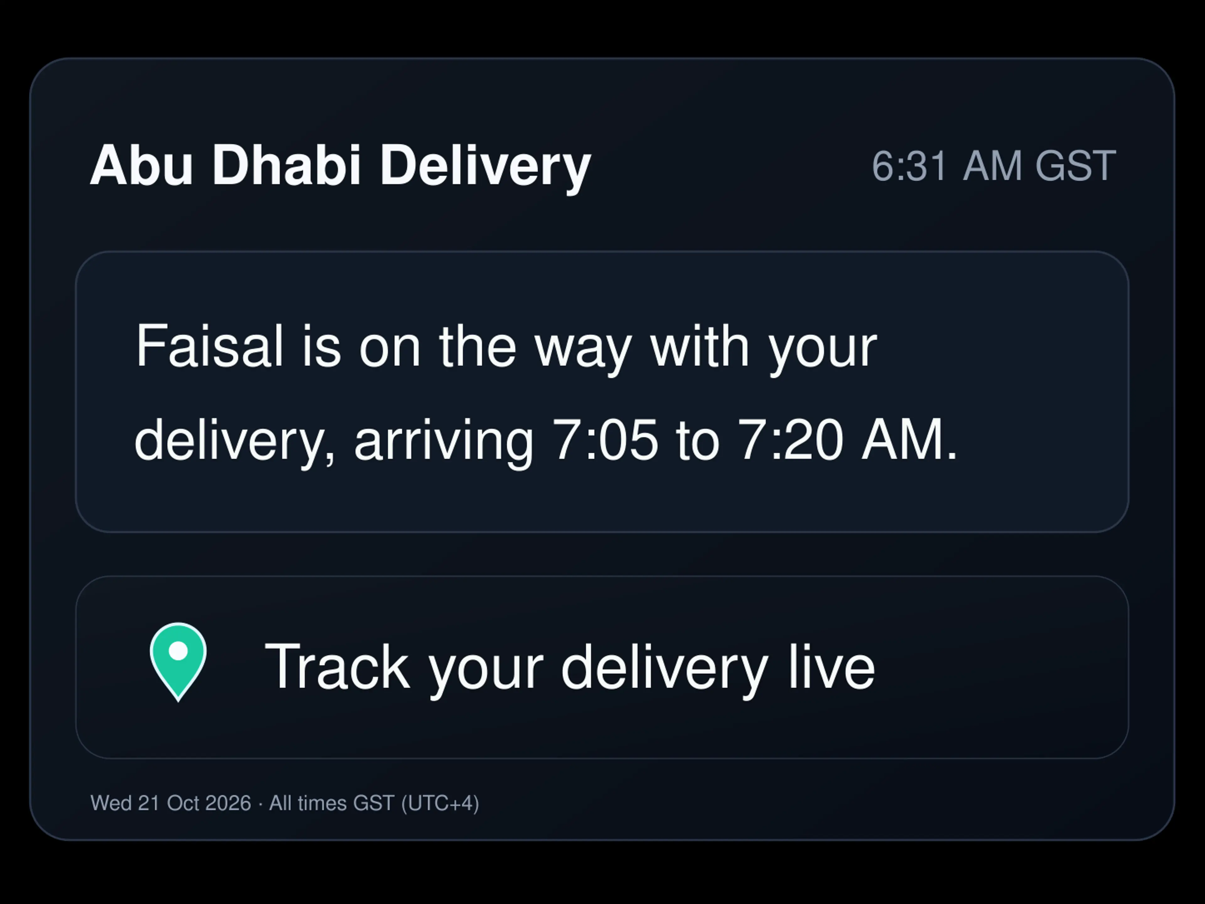 Driver on the way message with tracking link. 4:3.