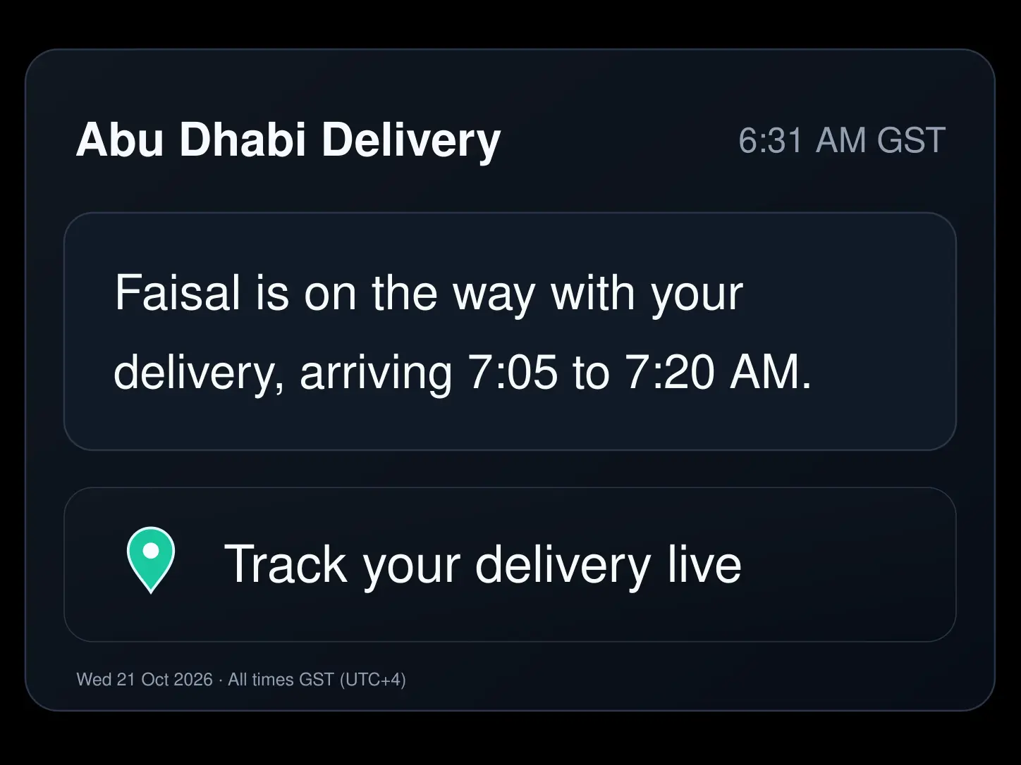 Driver on the way message with tracking link. 4:3.