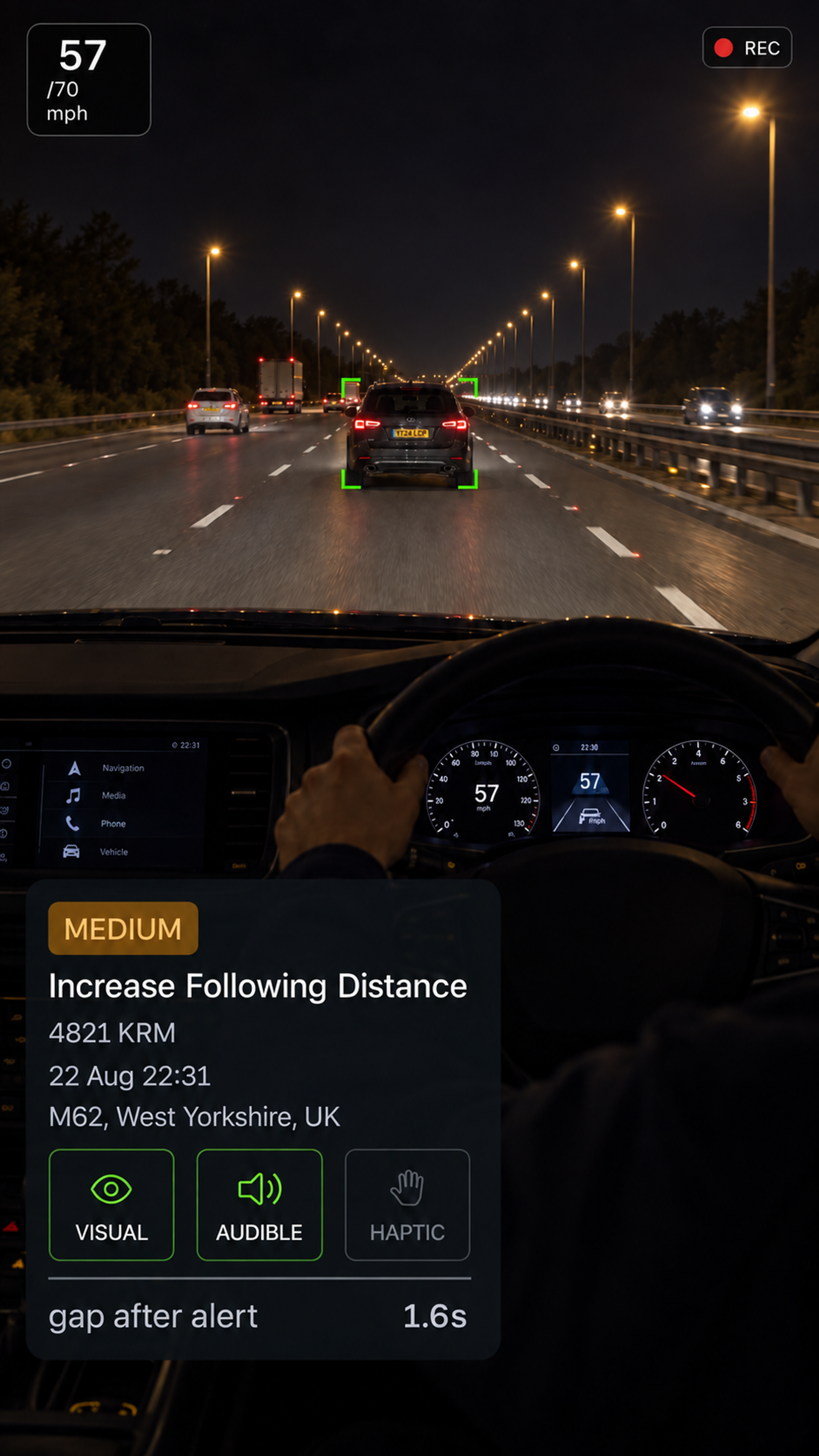 Photograph: a truck cab interior with the in-cab display lit on the dash. Portrait 3:4, dark and cool, room at the top for a heading, no text in the artwork.