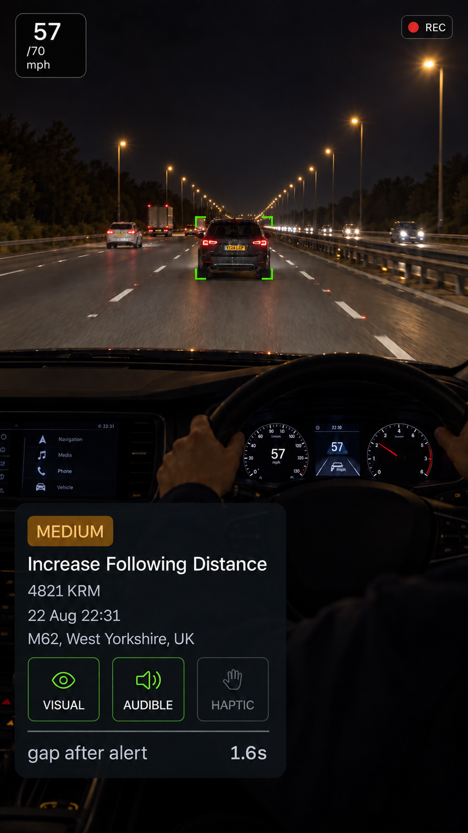 Photograph: a truck cab interior with the in-cab display lit on the dash. Portrait 3:4, dark and cool, room at the top for a heading, no text in the artwork.