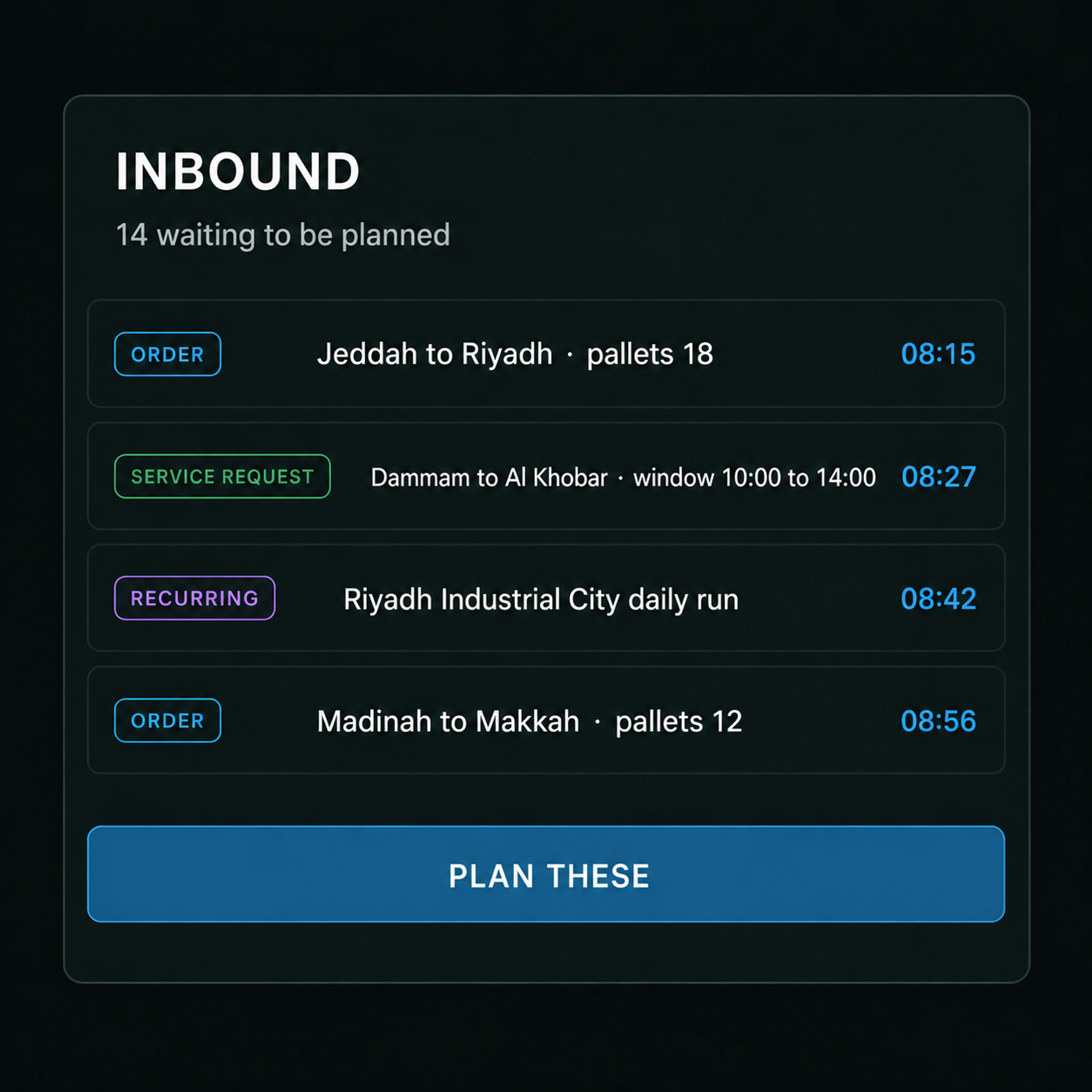 Inbound work list: orders and service requests waiting to be planned.