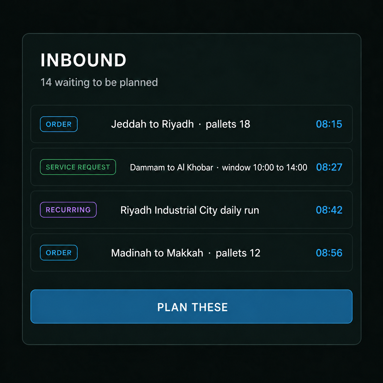 Inbound work list: orders and service requests waiting to be planned.