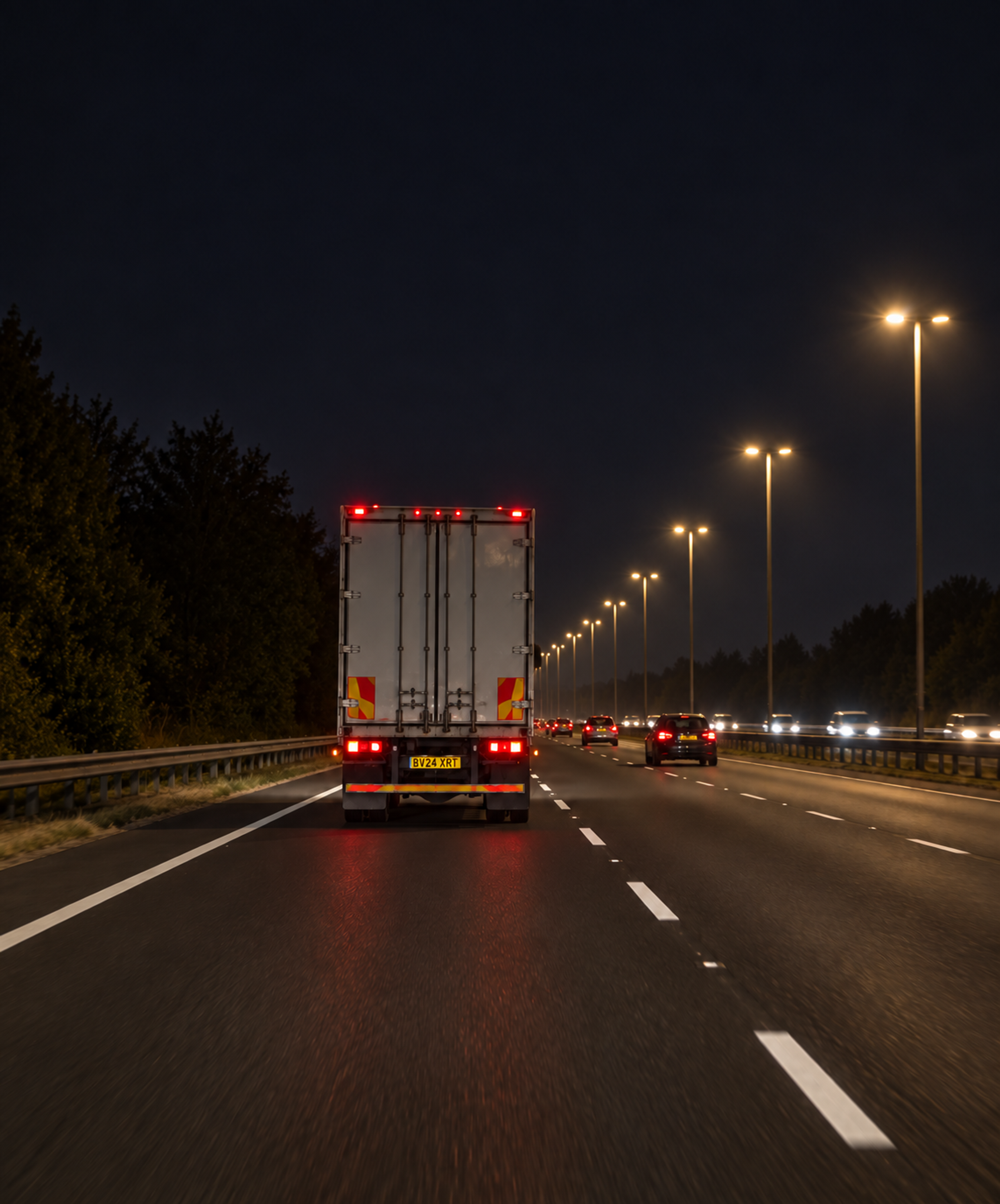 Photograph: a night highway shot from a following vehicle. Dark and cool, room at the top, no text in the artwork.